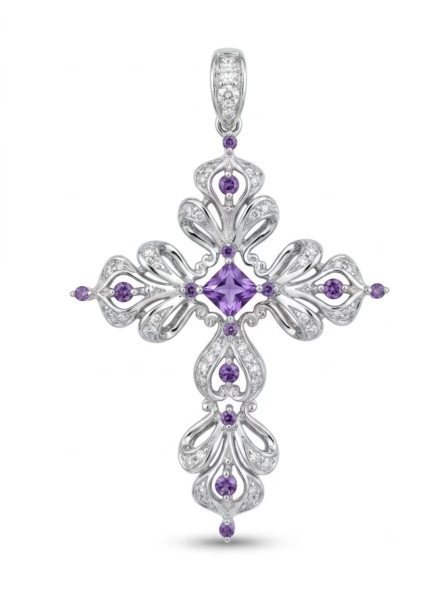 Lavender Grace Cross Pendant – 925 Sterling Silver Rhodium Plated High Carbon Diamond Jewelry