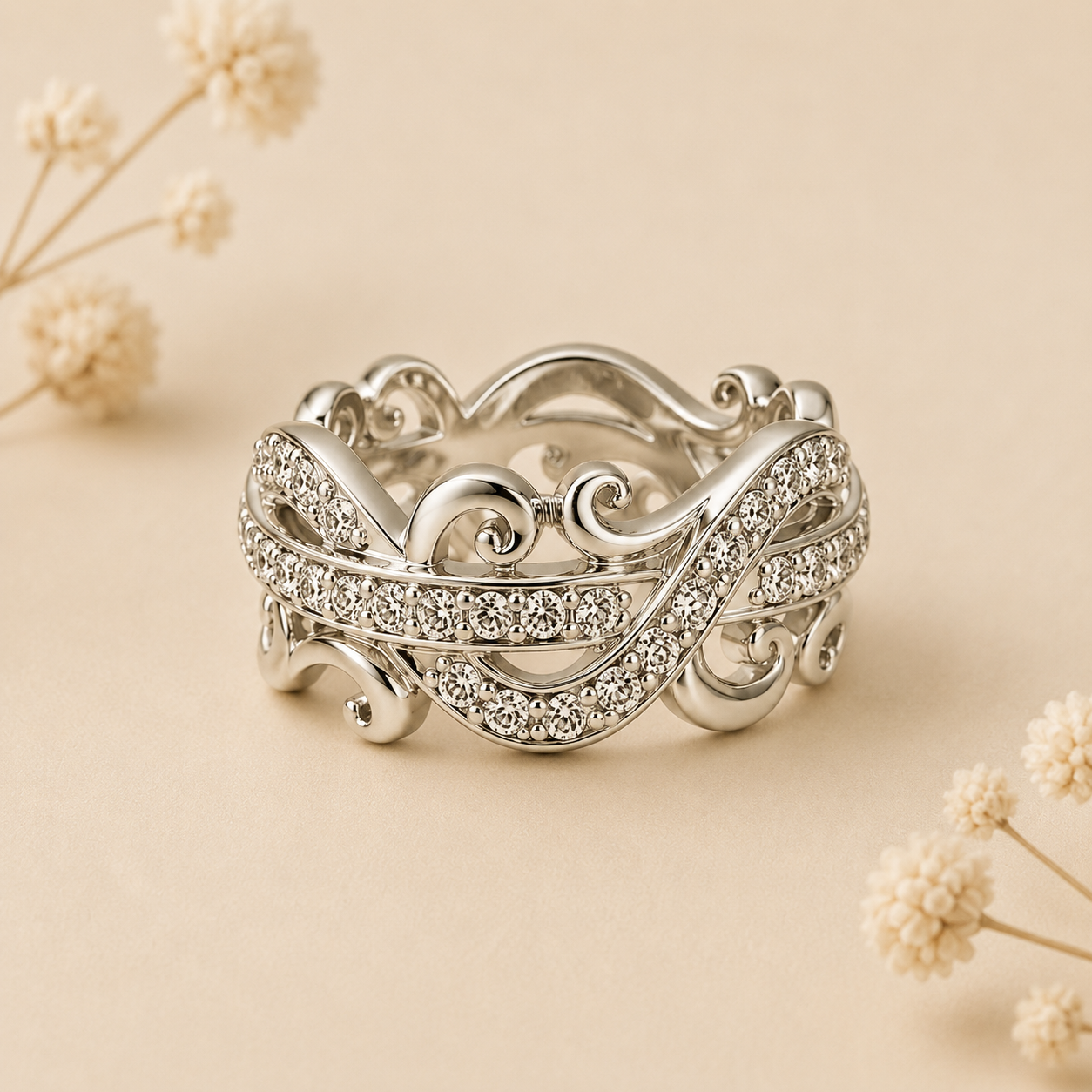 Vintage Scroll Diamond Crown Ring in 925 Sterling Silver