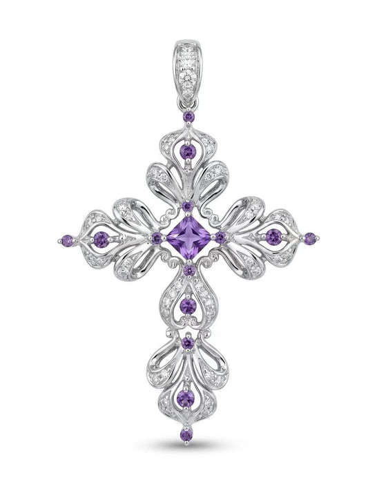 Lavender Grace Cross Pendant – 925 Sterling Silver Rhodium Plated High Carbon Diamond Jewelry