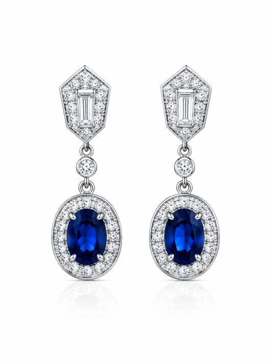 Ethereal Sapphire Drop Earrings | 925 Sterling Silver Blue Halo Earrings with 5A High Carbon Diamonds
